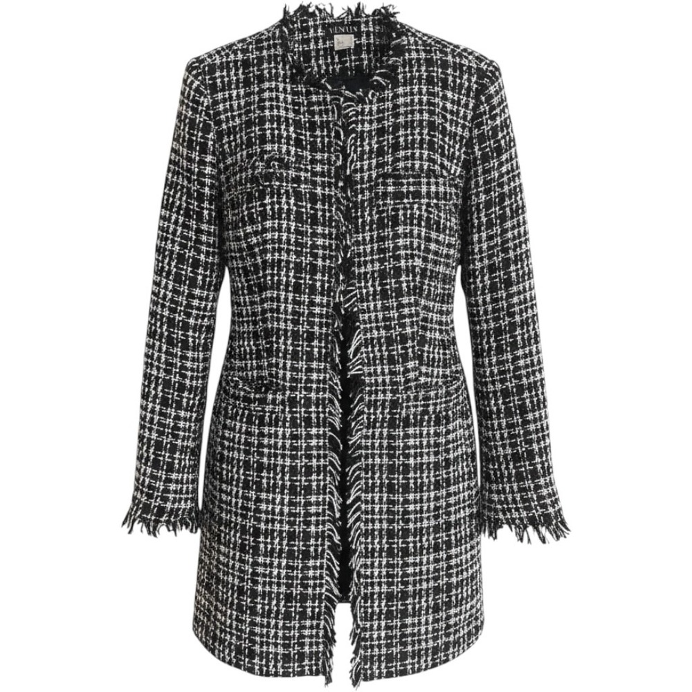 Venus Tweed Jacket Women's 12 Black White Open Front Longline Frayed Edge